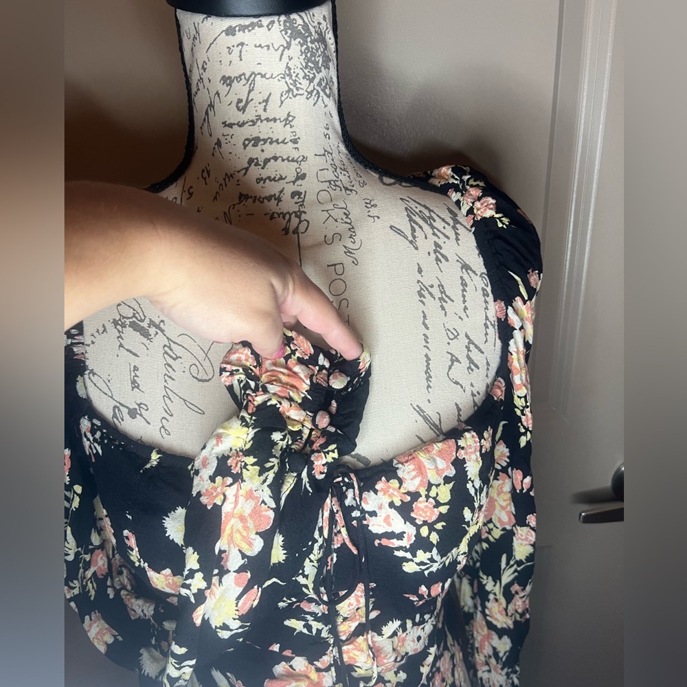 Free People Hilary Floral Print Long Puffed Sleeve Tie Back Blouse - Picture 5 of 11
